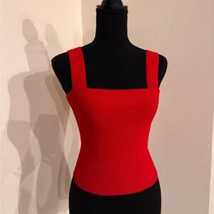 Alice + Olivia Red Square-Neck Ribbed Tank